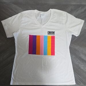 Port and Company White Tee with Colorful Stripes Size Medium. Crook & Marker